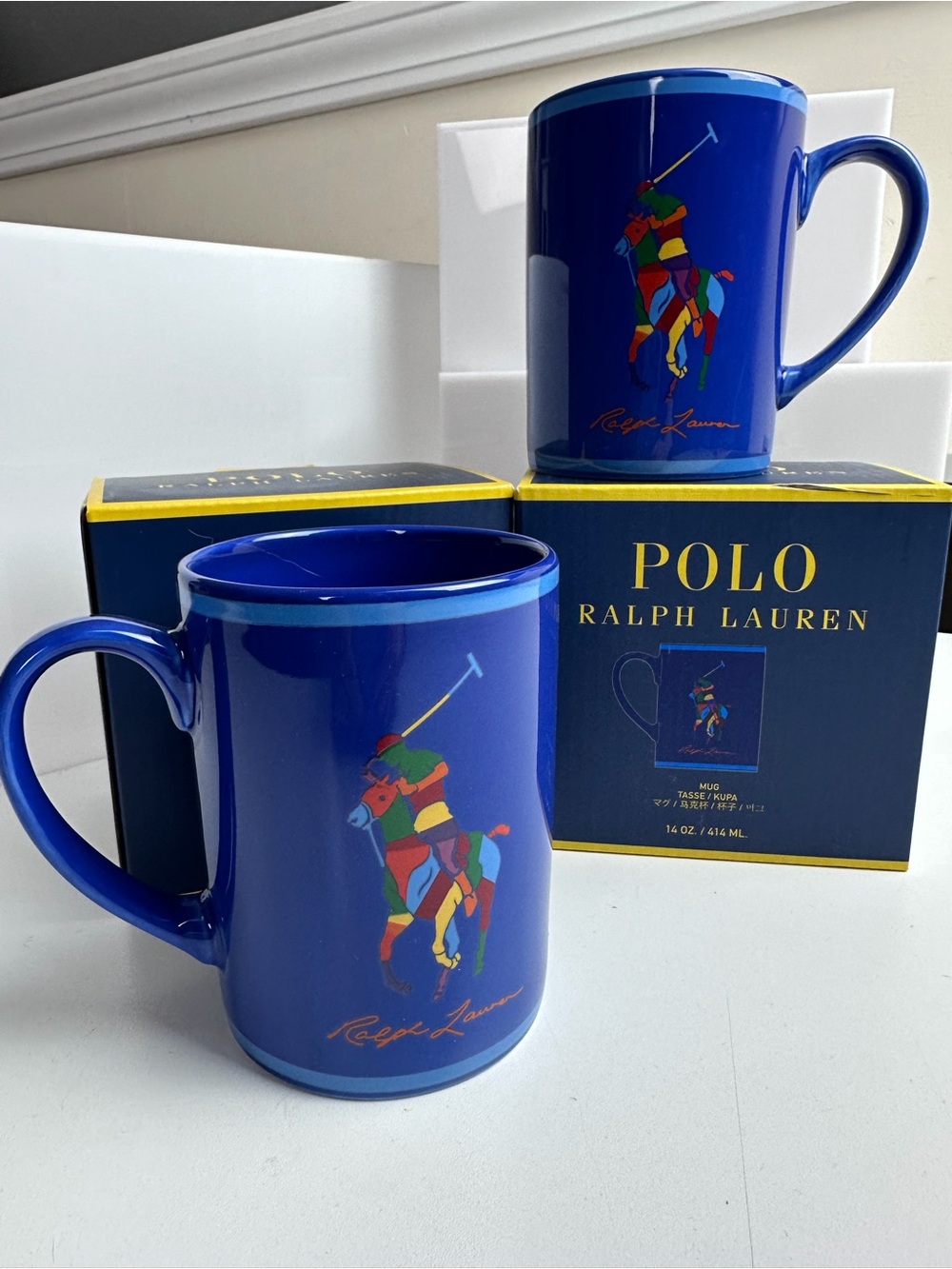 Polo Ralph Lauren Home Colorblock Pony Coffee Mugs NIB Set of 2 Preppy Home Cups
